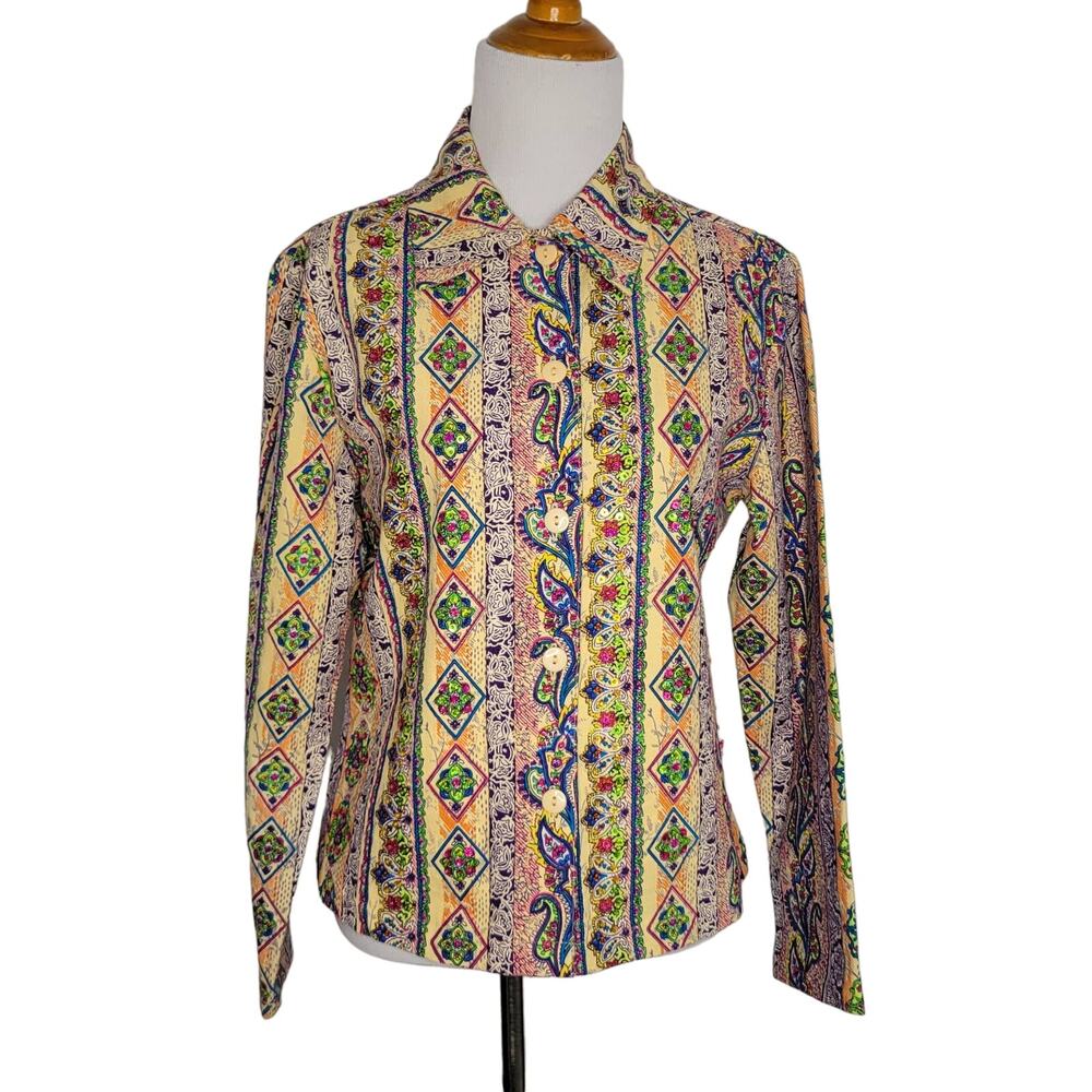 Maximalist Women Wacky Button Front Shirt Loud Paisley Sequins Dopamine Small